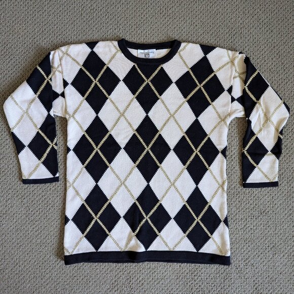 Vintage Argyle Sweater by Anne Klein Knitwear – Black - Cream -Gold, size M - Picture 1 of 5
